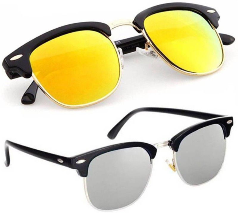 UV Protection Clubmaster Sunglasses (Free Size)  (For Men & Women, Silver, Yellow, Orange)