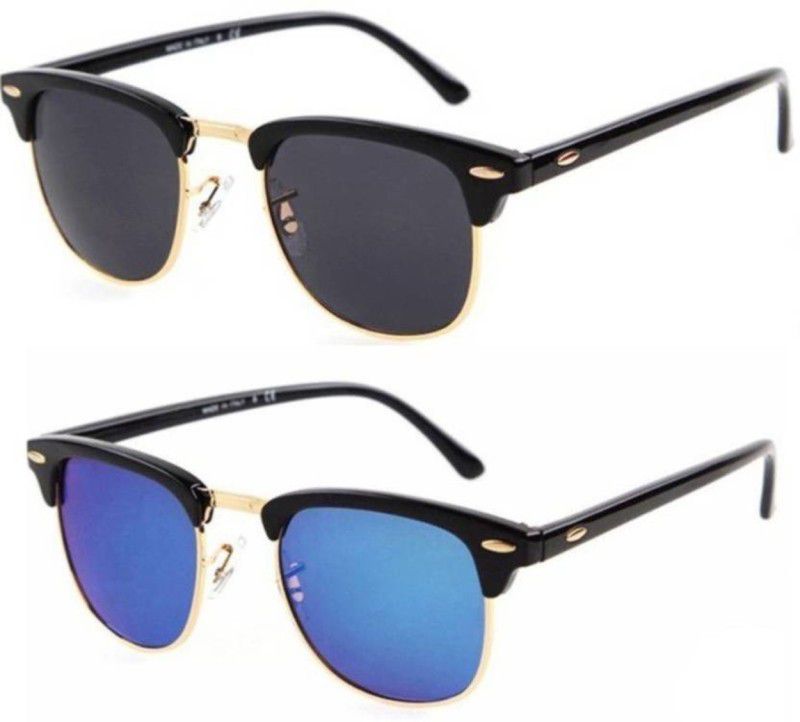 UV Protection Clubmaster Sunglasses (Free Size)  (For Boys & Girls, Black, Blue)