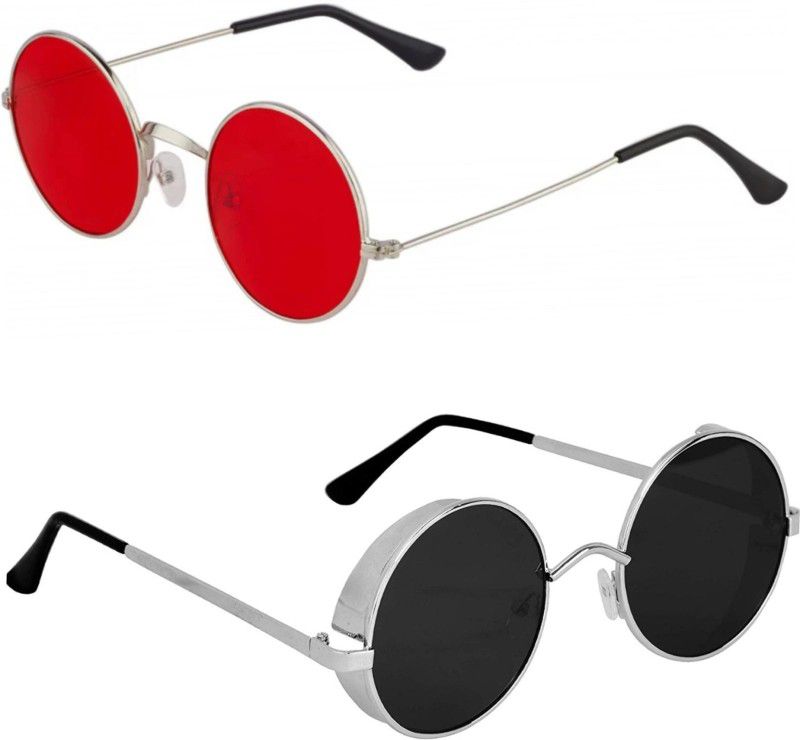 UV Protection, Gradient Round Sunglasses (51)  (For Men, Red, Black)
