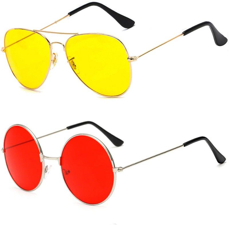 Aviator, Round Sunglasses  (For Men & Women, Yellow, Red)