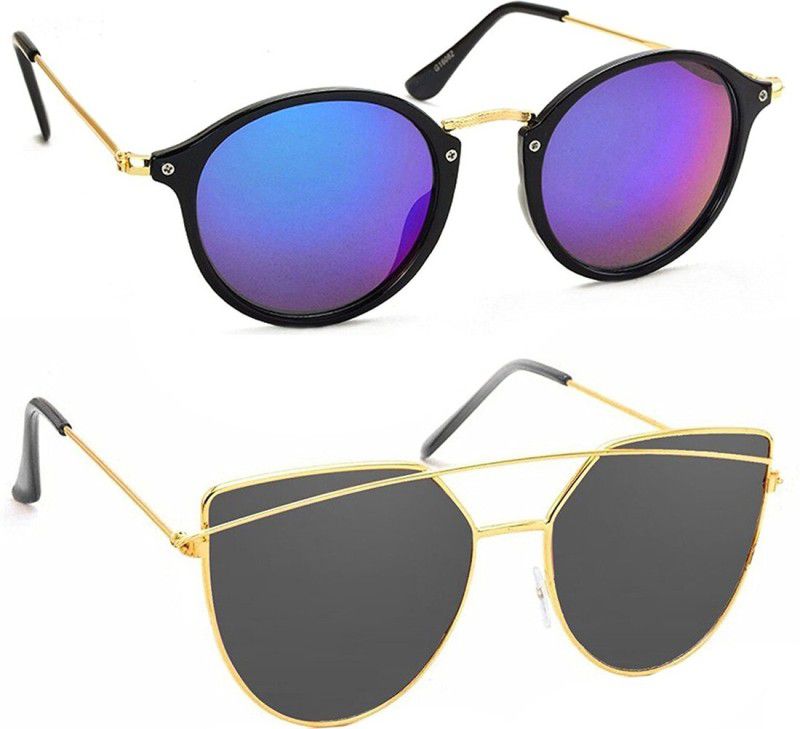 Mirrored, UV Protection Cat-eye, Aviator Sunglasses (53)  (For Men & Women, Blue, Black)