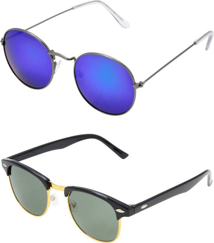 UV Protection Aviator, Wayfarer, Round Sunglasses (Free Size)  (For Men & Women, Blue, Green)
