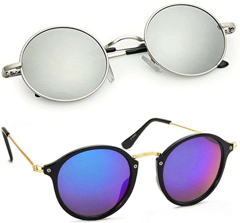 Mirrored, UV Protection Cat-eye, Round Sunglasses (53)  (For Men & Women, Blue, Silver)