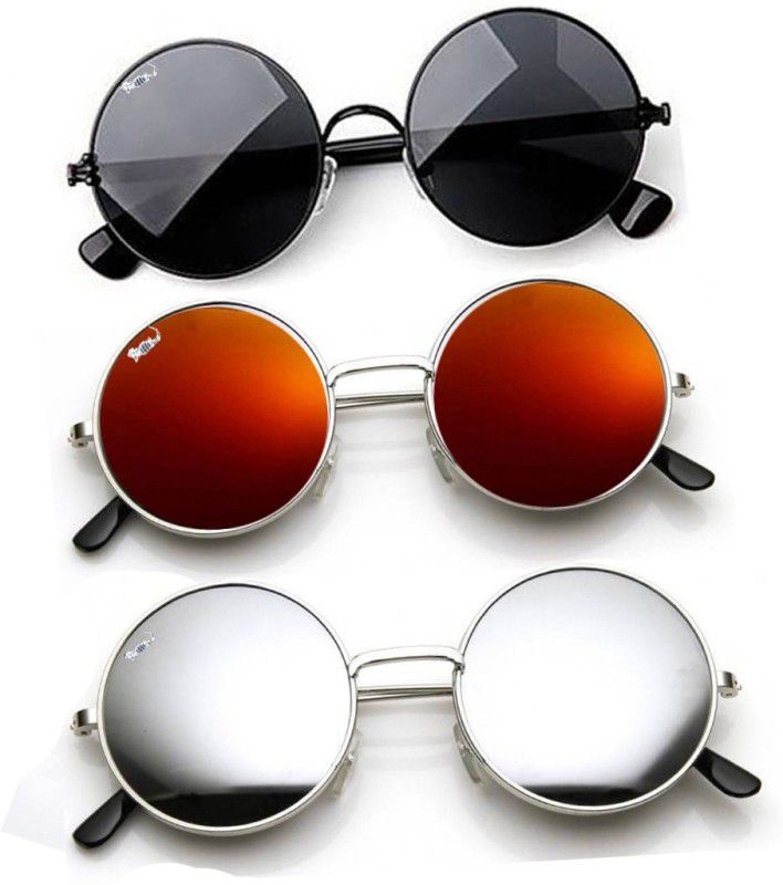 UV Protection Round Sunglasses (53)  (For Men & Women, Black, Red, Silver)