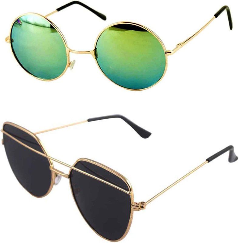 UV Protection Round, Retro Square Sunglasses (Free Size)  (For Men & Women, Black, Green)