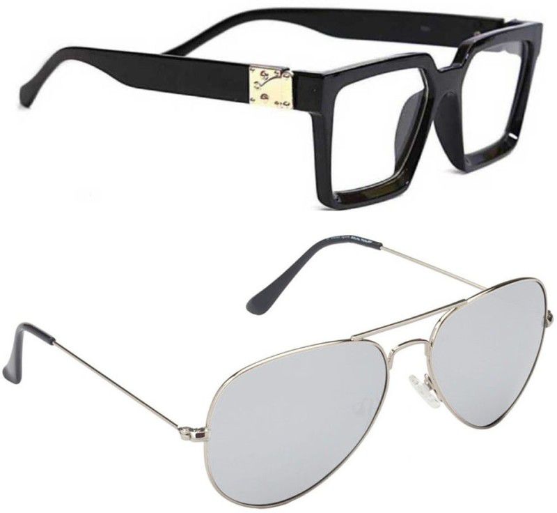 UV Protection Rectangular, Aviator Sunglasses (Free Size)  (For Men & Women, Clear, Silver)