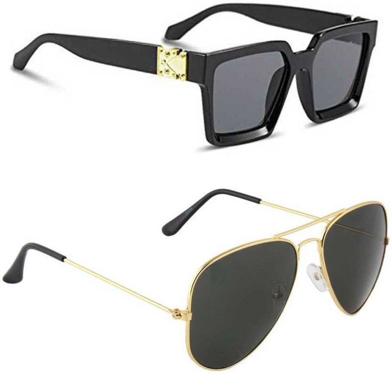 UV Protection Retro Square, Aviator Sunglasses (Free Size)  (For Men & Women, Black, Black)