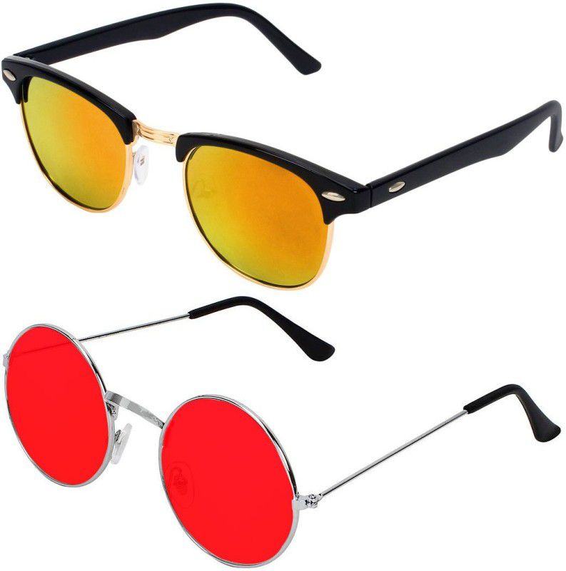 UV Protection, Gradient, Mirrored Clubmaster Sunglasses (Free Size)  (For Men & Women, Yellow, Red)