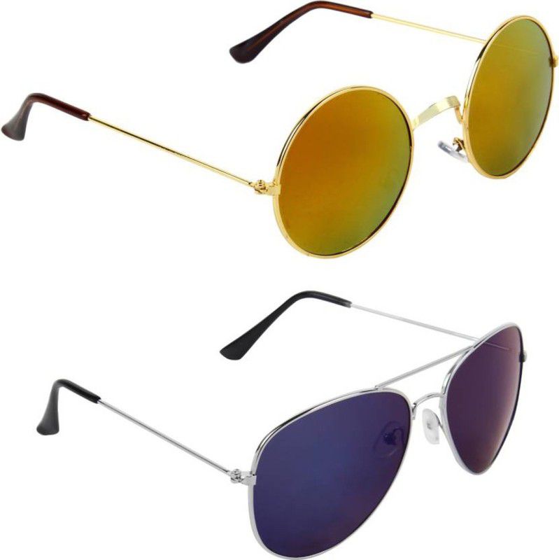 UV Protection Round, Aviator Sunglasses (Free Size)  (For Men & Women, Yellow, Blue)