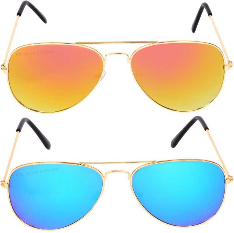 UV Protection Aviator Sunglasses (Free Size)  (For Men & Women, Golden, Blue)