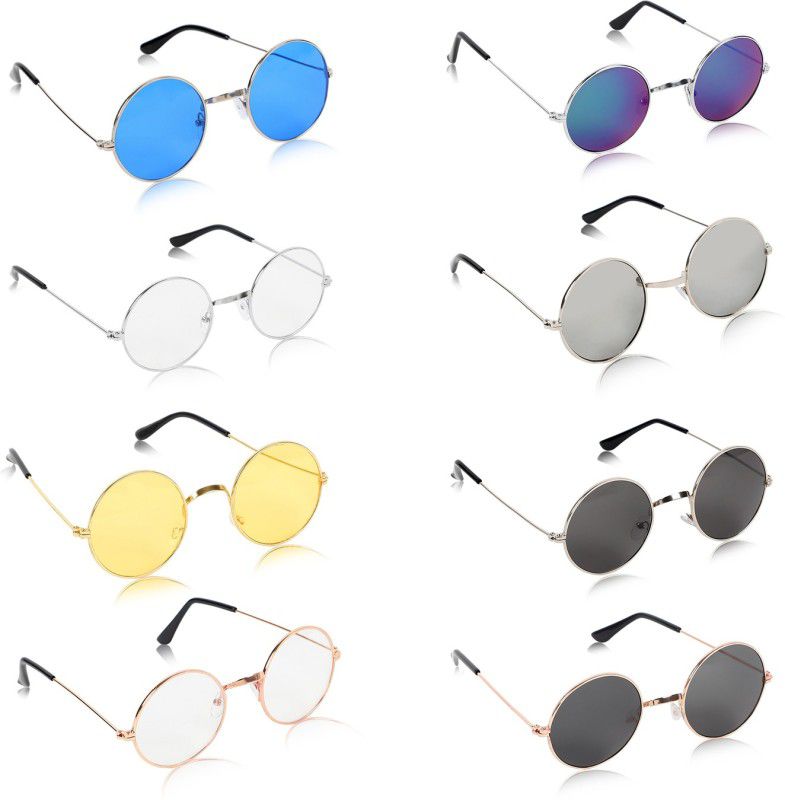 UV Protection, Riding Glasses Round Sunglasses (Free Size)  (For Men & Women, Black, Blue, Clear, Multicolor, Yellow, Silver)