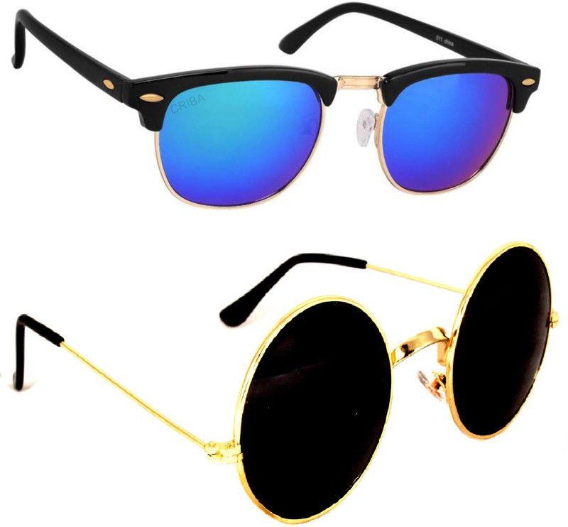 UV Protection Round, Clubmaster Sunglasses (57)  (For Men & Women, Black, Multicolor)