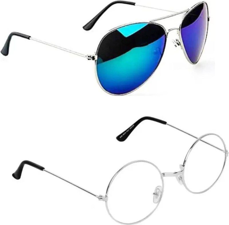UV Protection Aviator, Round Sunglasses (55)  (For Men & Women, Blue, Clear)