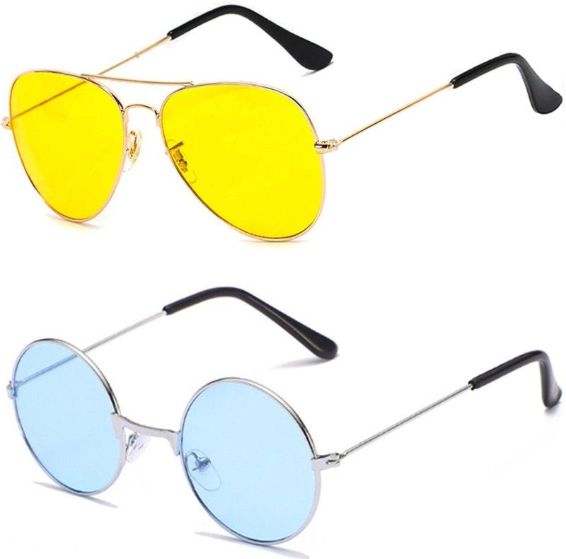 Aviator, Round Sunglasses  (For Men & Women, Yellow, Blue)