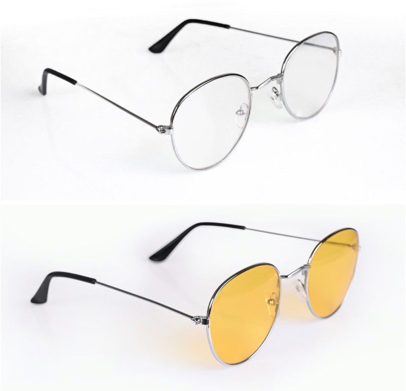 Riding Glasses, UV Protection Round Sunglasses (Free Size)  (For Men & Women, Clear, Yellow)
