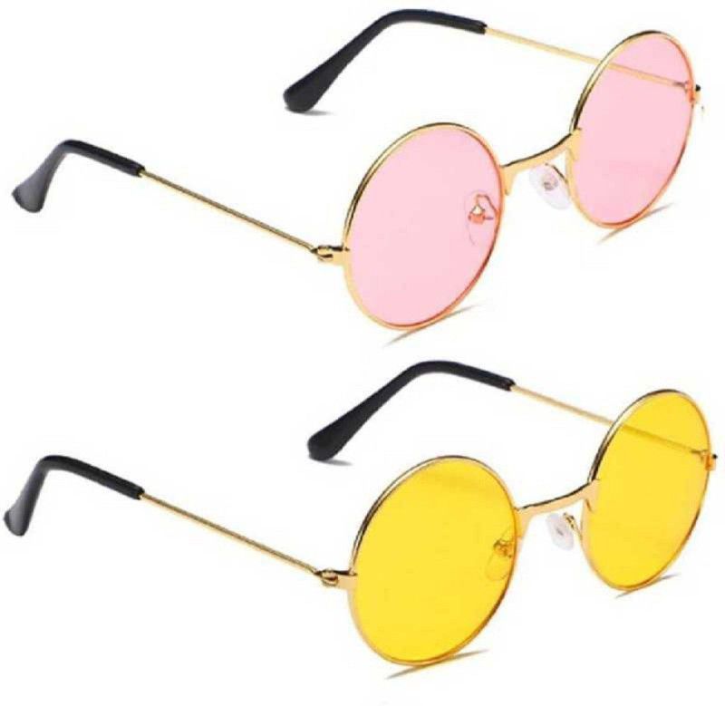 UV Protection, Polarized, Gradient, Mirrored Round, Round Sunglasses (55)  (For Men & Women, Pink, Yellow)