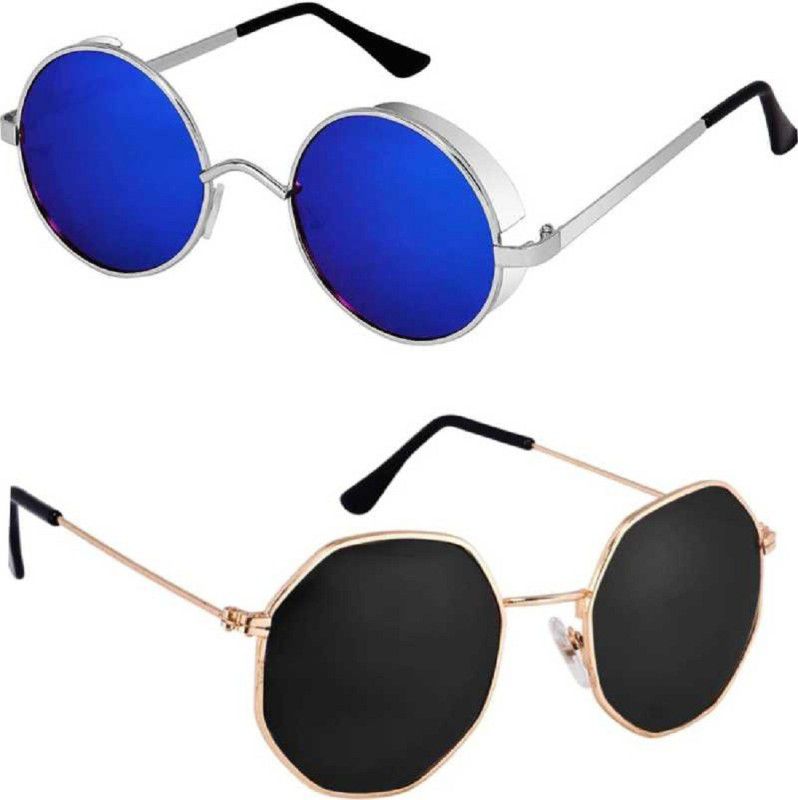 UV Protection, Polarized, Gradient, Mirrored Retro Square, Round Sunglasses (55)  (For Men & Women, Blue, Grey)