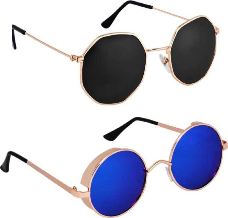 UV Protection, Polarized, Gradient, Mirrored Retro Square, Round Sunglasses (55)  (For Men & Women, Black, Multicolor)