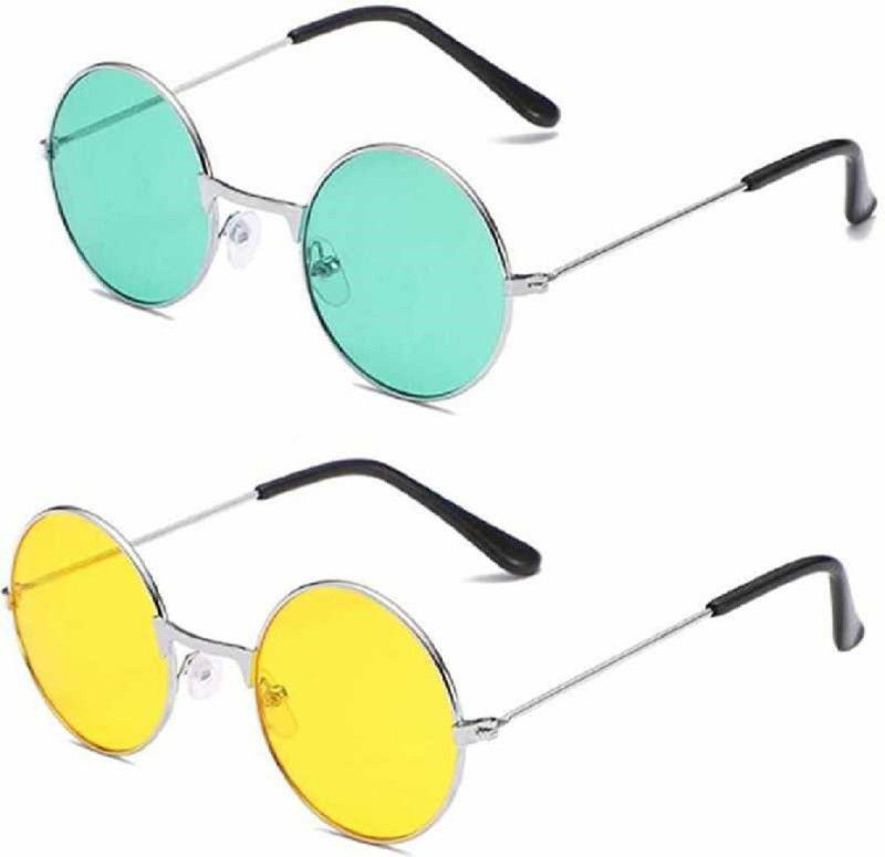UV Protection, Polarized, Gradient, Mirrored Round, Round Sunglasses (55)  (For Men & Women, Green, Yellow)