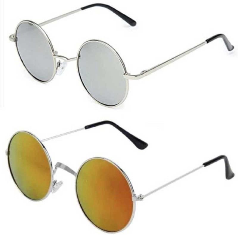 UV Protection, Polarized, Gradient, Mirrored Round, Round Sunglasses (55)  (For Men & Women, Silver, Orange)