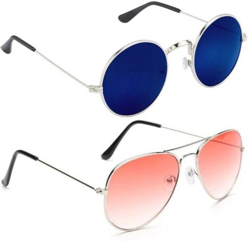 UV Protection Round, Aviator Sunglasses (47)  (For Men & Women, Pink, Blue)
