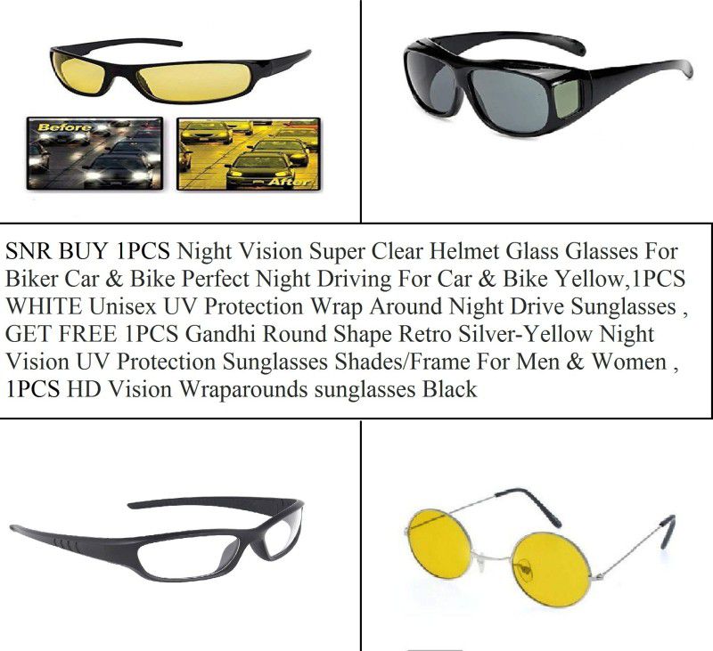 UV Protection Wrap-around Sunglasses (Free Size)  (For Men & Women, Black, Clear, Yellow)