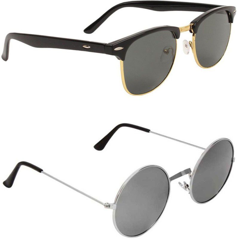 UV Protection, Mirrored Clubmaster, Round Sunglasses (Free Size)  (For Men & Women, Black, Silver)