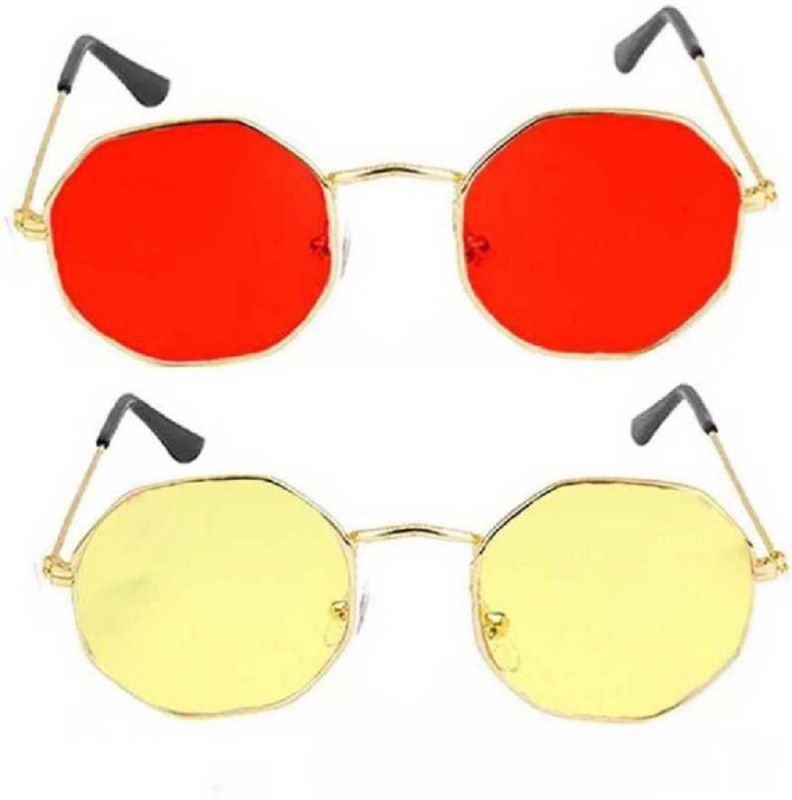 UV Protection, Polarized, Gradient, Mirrored Round Sunglasses (55)  (For Men & Women, Yellow, Red)