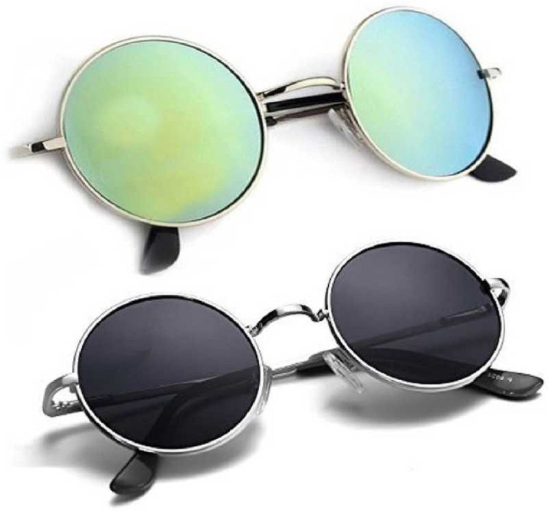 UV Protection, Polarized, Gradient, Mirrored Round, Round Sunglasses (Free Size)  (For Men & Women, Black, Green)