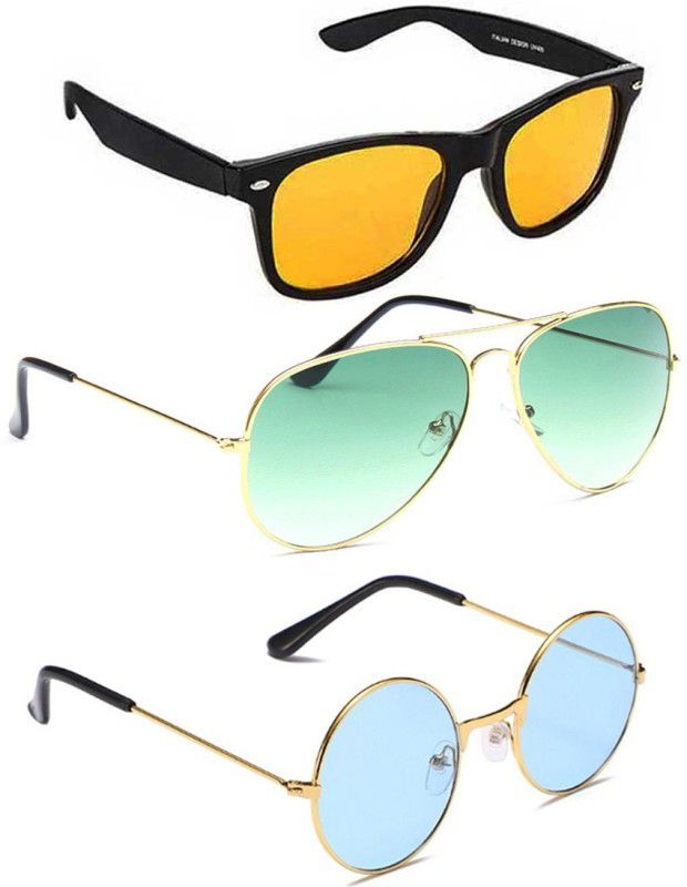 UV Protection, Night Vision, Gradient Aviator, Wayfarer, Round Sunglasses (53)  (For Men & Women, Yellow, Green, Blue)