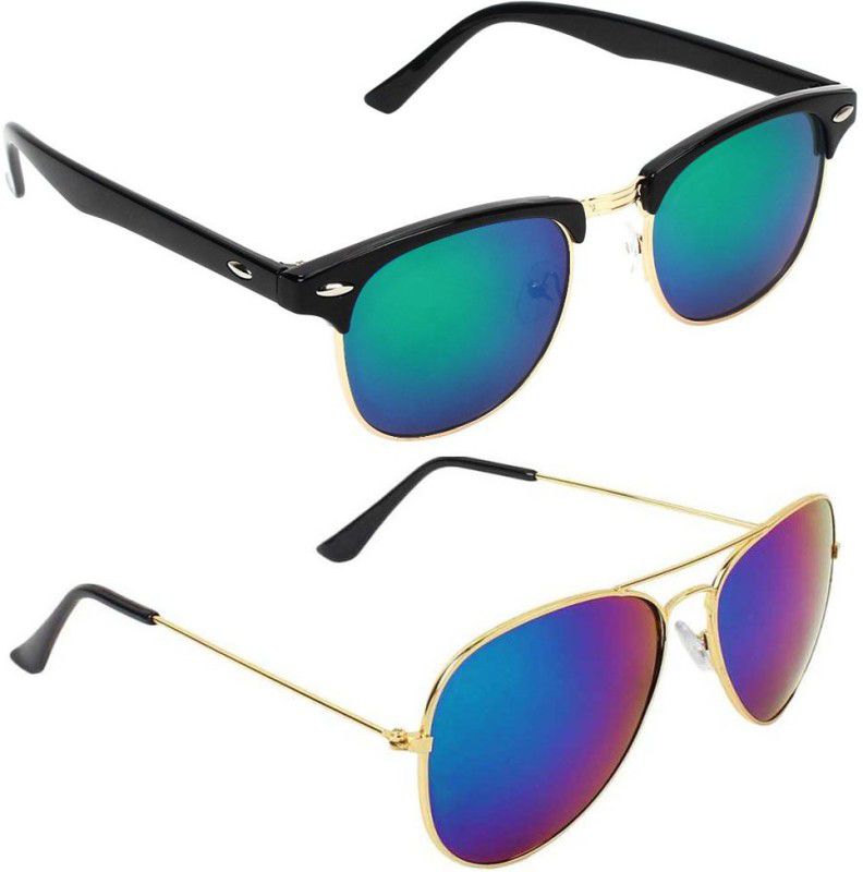 UV Protection, Mirrored Clubmaster, Aviator Sunglasses (Free Size)  (For Men & Women, Blue, Blue)