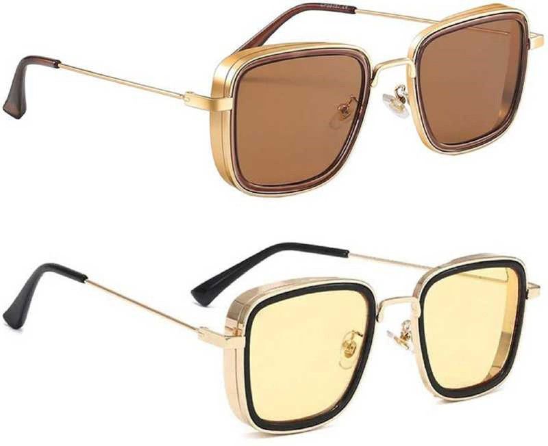 UV Protection, Polarized, Gradient, Mirrored Retro Square, Rectangular Sunglasses (55)  (For Men & Women, Brown, Yellow)