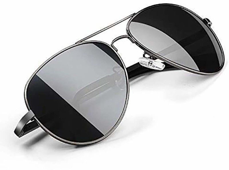 UV Protection, Polarized, Gradient, Mirrored Aviator Sunglasses (55)  (For Men, Black)