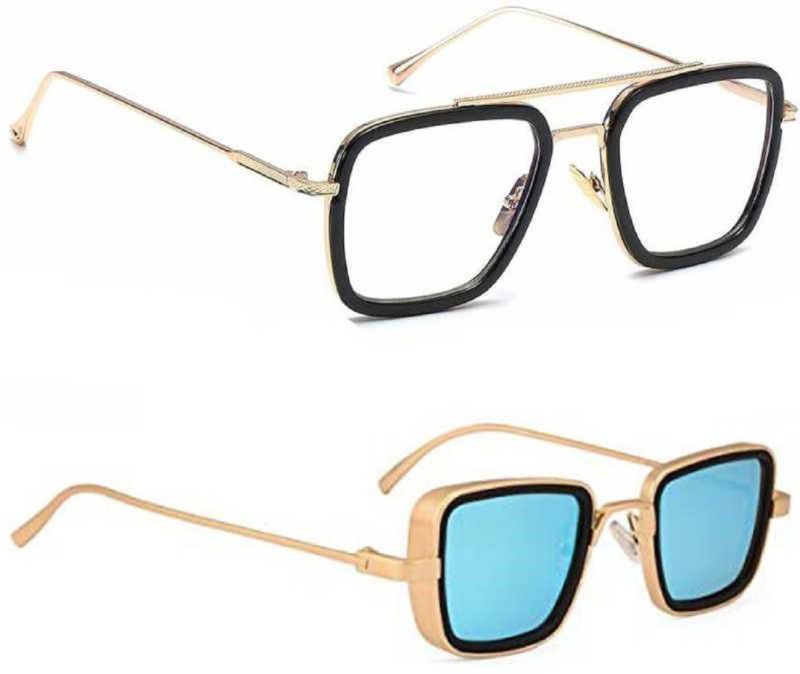 UV Protection, Polarized, Gradient, Mirrored Rectangular, Retro Square Sunglasses (55)  (For Men & Women, Clear, Blue)