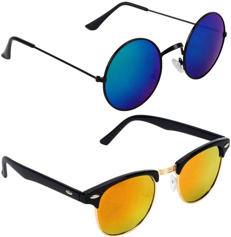 Mirrored, UV Protection Round, Clubmaster Sunglasses (Free Size)  (For Men & Women, Blue, Yellow)