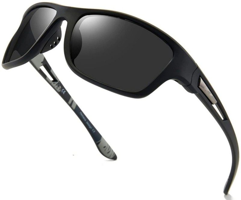 Polarized, Riding Glasses Sports, Wrap-around Sunglasses (Free Size)  (For Men & Women, Black)