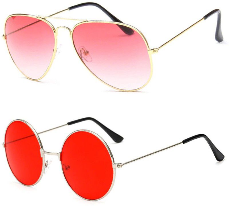 UV Protection Aviator, Round Sunglasses (56)  (For Men & Women, Pink, Red)