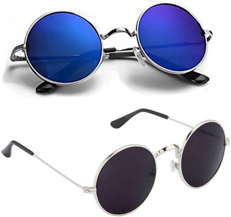 UV Protection Round Sunglasses (Free Size)  (For Men & Women, Black, Blue)
