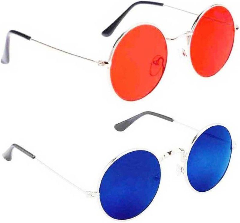 UV Protection, Mirrored, Night Vision Round Sunglasses (53)  (For Men & Women, Red, Blue)
