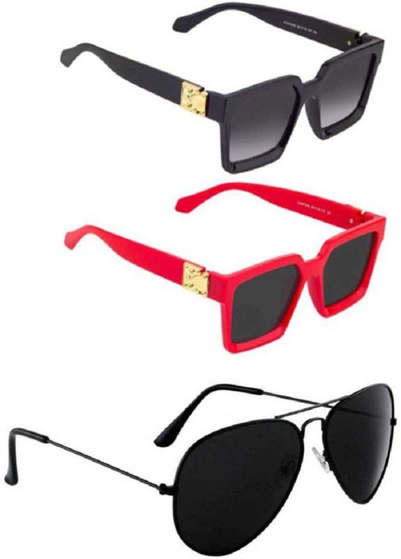 UV Protection, Polarized, Gradient, Mirrored Rectangular, Aviator Sunglasses (55)  (For Men & Women, Black, Black, Grey)