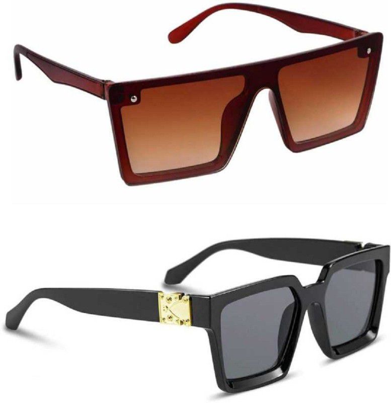 UV Protection, Polarized, Gradient, Mirrored Retro Square, Over-sized Sunglasses (55)  (For Men & Women, Brown, Black)