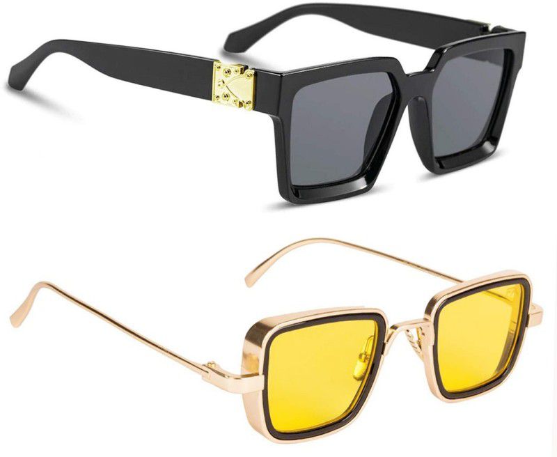 UV Protection, Riding Glasses Rectangular, Retro Square, Wayfarer Sunglasses (50)  (For Men & Women, Black, Yellow)