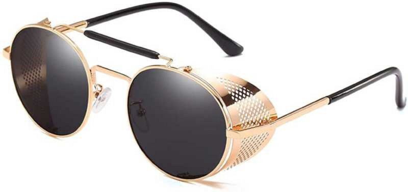 UV Protection, Polarized, Gradient, Mirrored Round Sunglasses (55)  (For Men & Women, Golden, Grey)