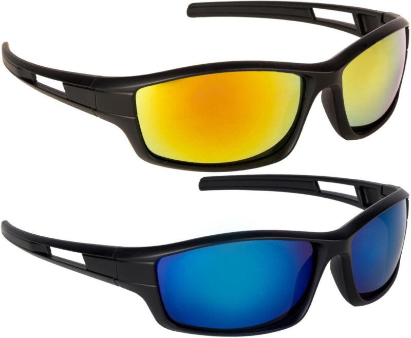 UV Protection, Mirrored, Riding Glasses Sports Sunglasses (65)  (For Men & Women, Golden, Blue, Red)