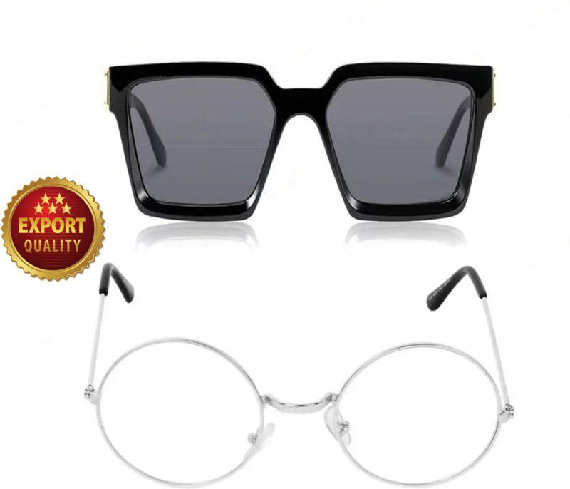 Round, Rectangular Sunglasses  (For Men & Women, Black, Clear)