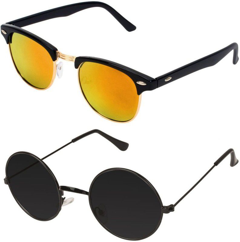 UV Protection, Gradient, Mirrored Clubmaster, Round Sunglasses (Free Size)  (For Men & Women, Multicolor, Black)