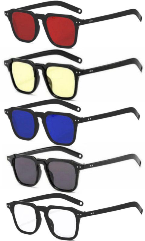 UV Protection Rectangular Sunglasses (Free Size)  (For Men & Women, Red, Yellow, Blue, Black, Clear)