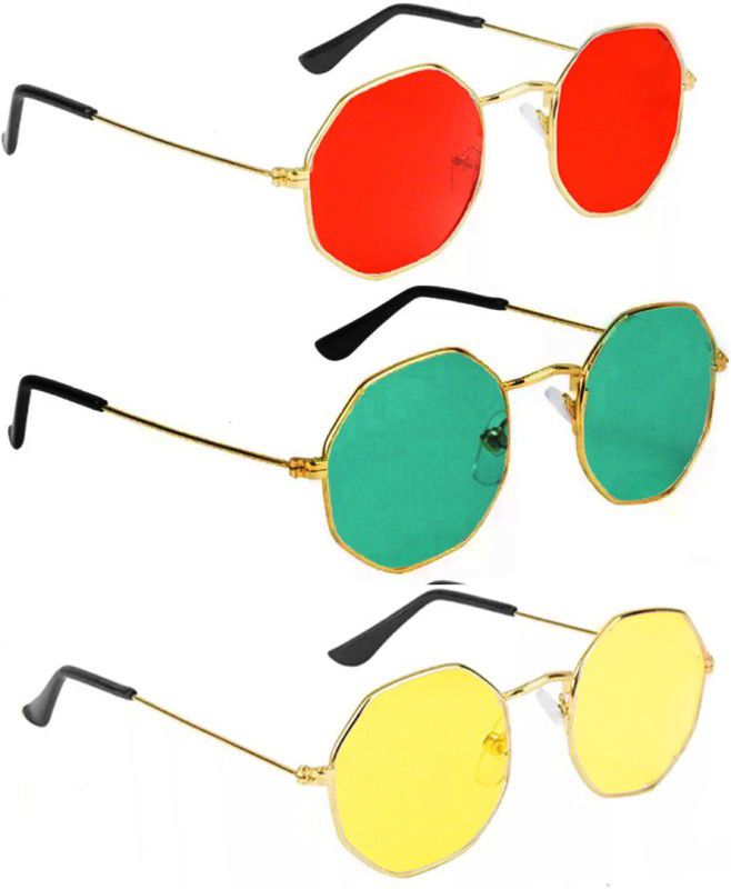 UV Protection Round Sunglasses (53)  (For Men & Women, Red, Yellow, Green)