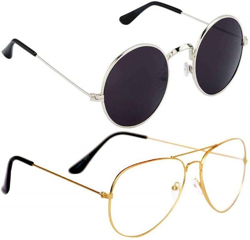 UV Protection Round, Aviator Sunglasses (48)  (For Men & Women, Black, Clear)