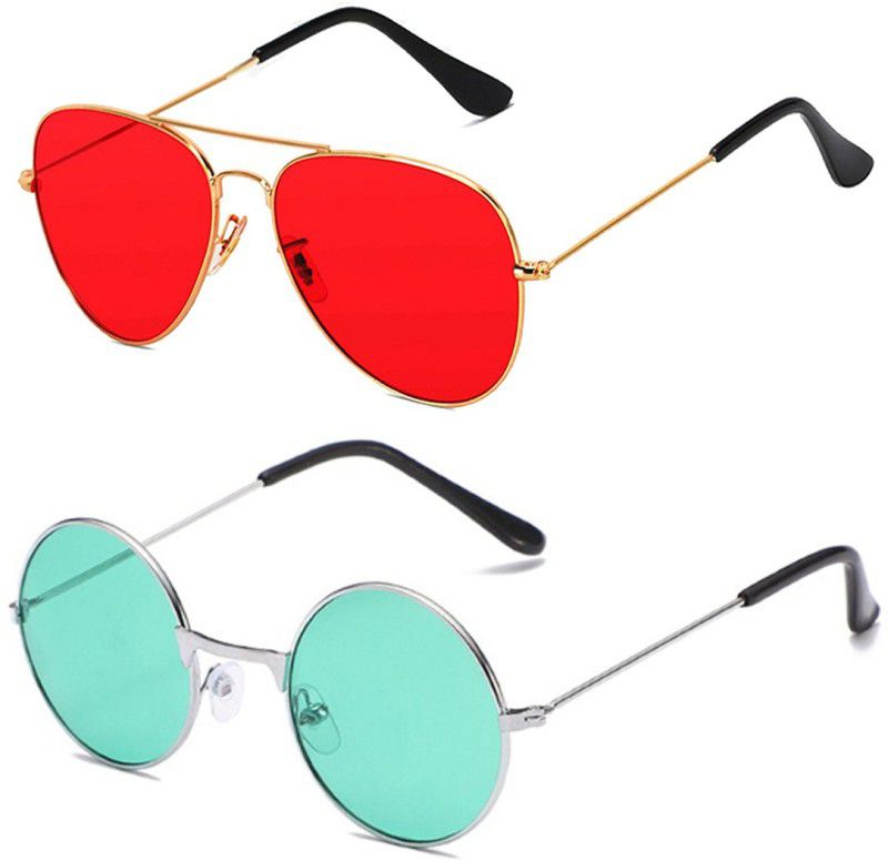 UV Protection Aviator, Round Sunglasses (56)  (For Men & Women, Red, Green)